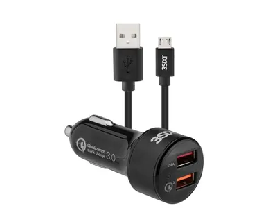 3sixT Car Charger 5.4A + USB-A to Micro-USB Cable 1m - Black