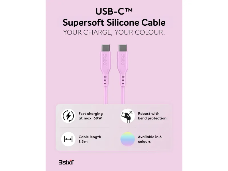SPLASH by 3sixT USB-C to USB-C Cable 1.5m 60W - Candy Pink