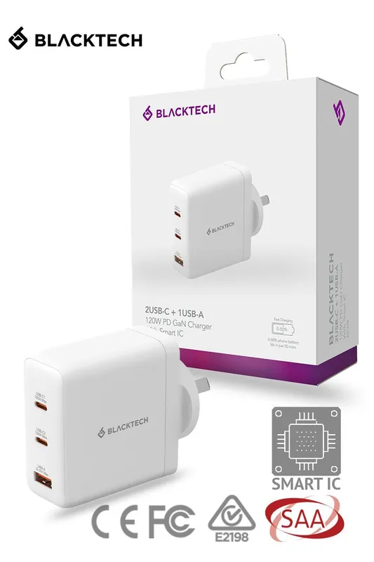 BLACKTECH 2C1A 120W PD QC Adapter With Smart IC - White (SAA APPROVED Australia Safety Product)