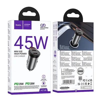 Car Charger hoco. NZ16B, 45W, 3A, 2 x USB-C, Grey