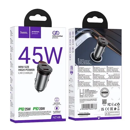 Car Charger hoco. NZ16B, 45W, 3A, 2 x USB-C, Grey
