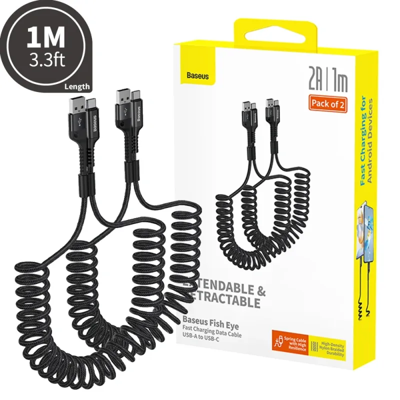 Baseus Fish-Eye Coiled Data Cable USB-A to USB-C 2A 1m (Pack of 2)-Cluster