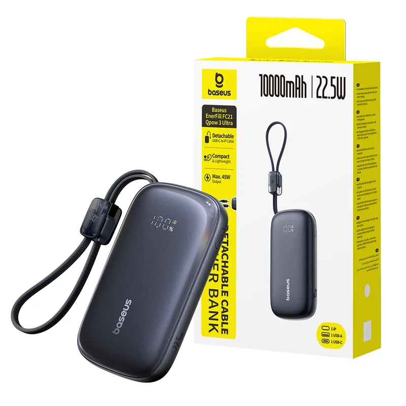 Baseus EnerFill FC21 Qpow 3 Ultra Digital Display Power Bank With Detachable Cable 10000mAh 22.5W