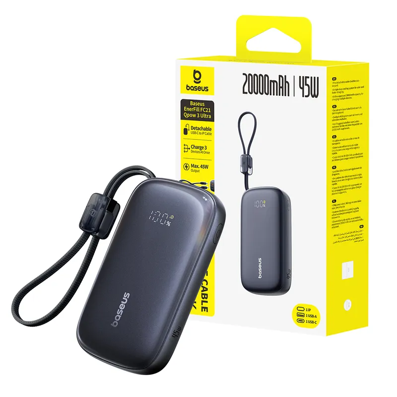 Baseus EnerFill FC21 Qpow 3 Ultra Digital Display Power Bank With Detachable Cable 20000mAh 45W