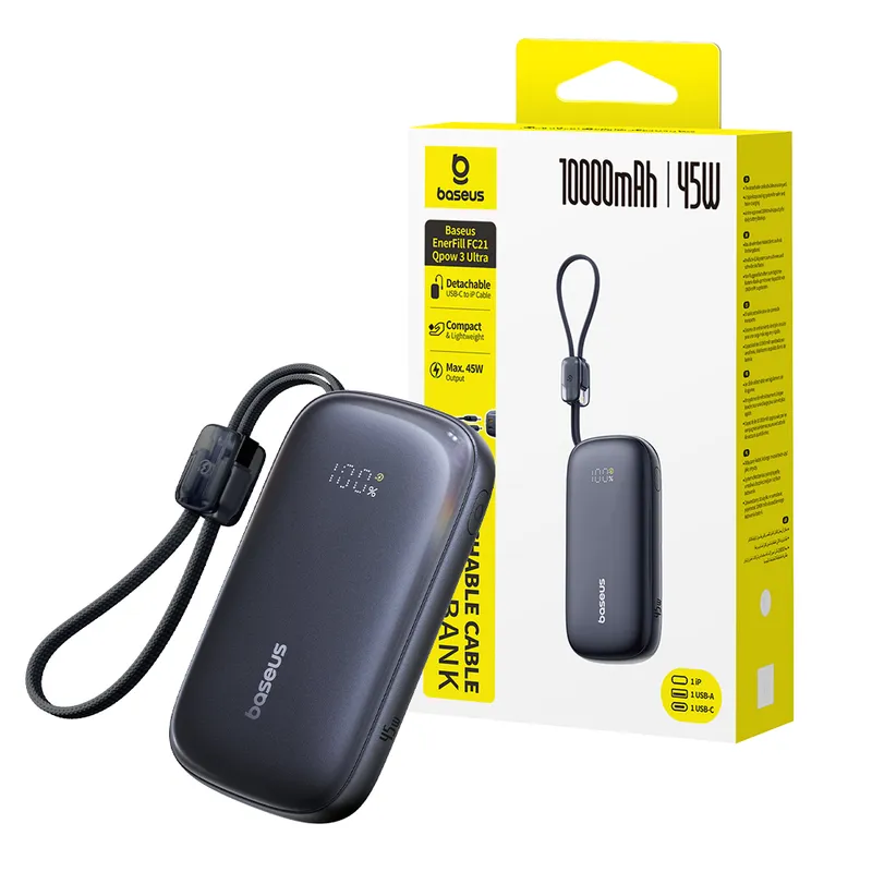 Baseus EnerFill FC21 Qpow 3 Ultra Digital Display Power Bank With Detachable Cable 10000mAh 45W