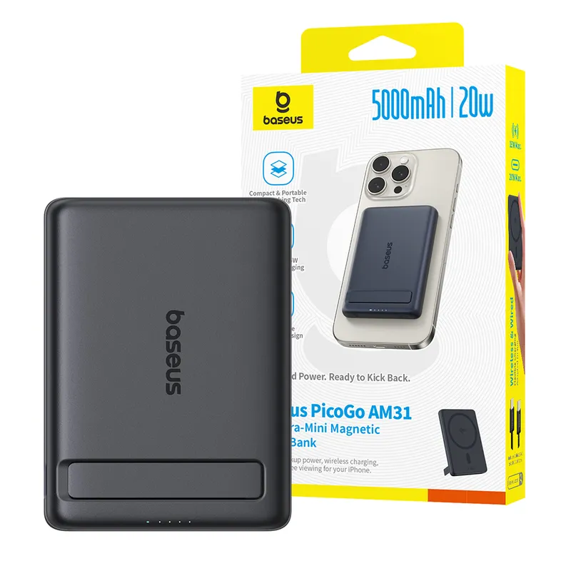 Baseus PicoGo AM31 Qi2 Ultra-Mini Magnetic Power Bank with Kickstand 5000mAh 20W