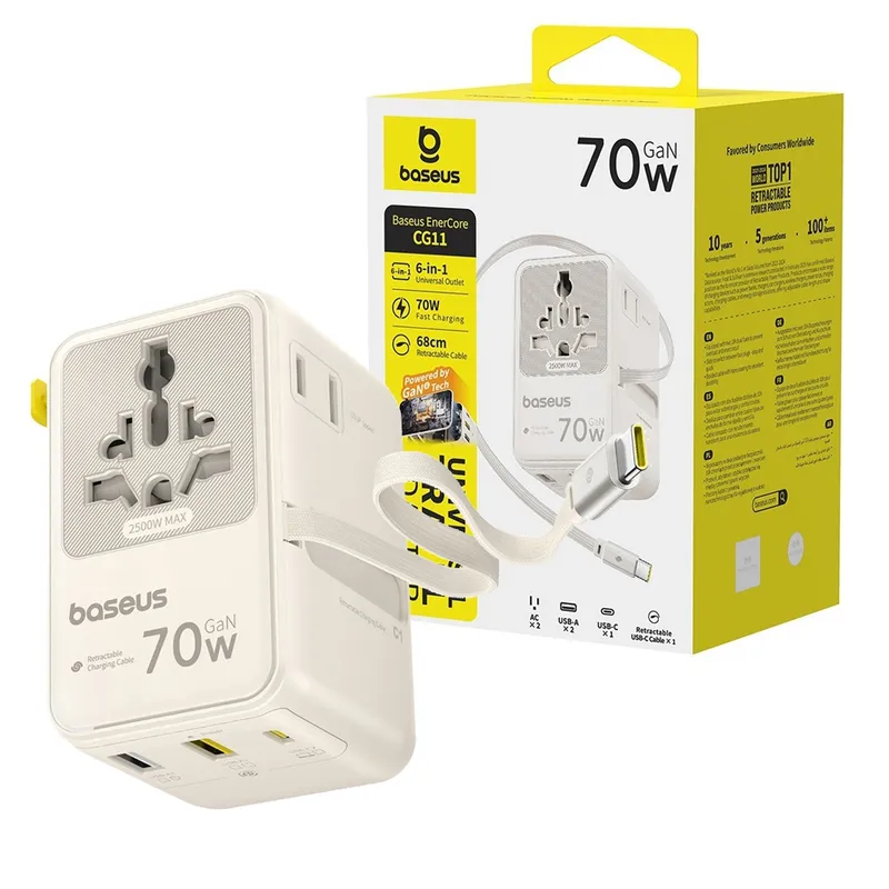 Baseus EnerCore CG11 Universal Travel Adapter with Retractable Cable 2AC+2U+2C 70W Off