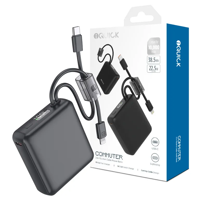 iQuick Built-in USB-C and Lightning Cables Power Bank 10000mAh 22.5W