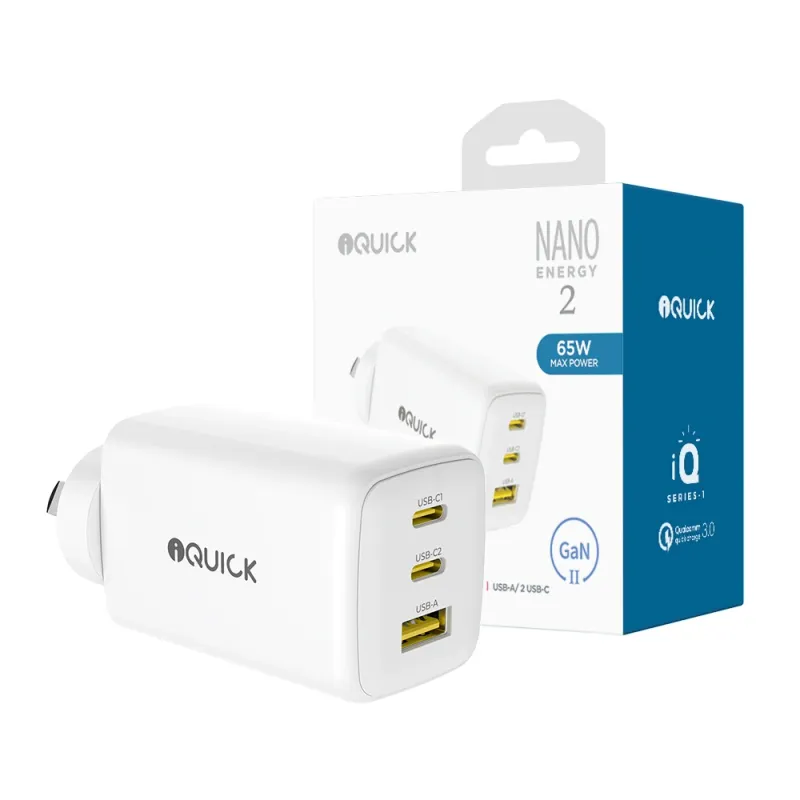 iQuick NANO ENERGY 2 65W PD3.0 Dual USB-C and USB-A Ports Charging Adapter - White