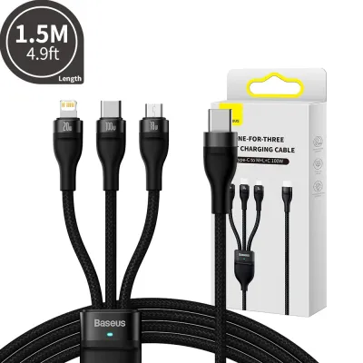 Baseus Flash Series 2 One Drag Three Quick Charging Wire USB-C to M+L+C 100W 1.5M-Black Compatible for iPhone 15 / 16 / 17 Series