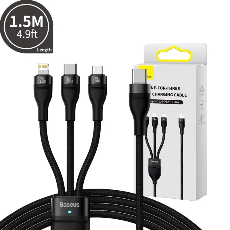 Baseus Flash Series 2 One Drag Three Quick Charging Wire USB-C to M+L+C 100W 1.5M-Black Compatible for iPhone 15 / 16 / 17 Series