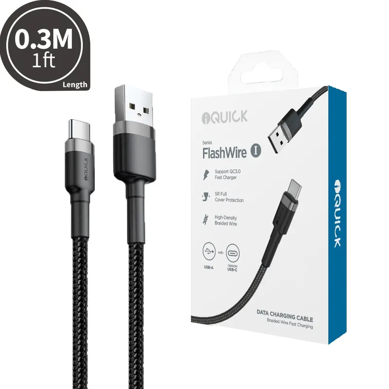 iQuick Braided USB-C to USB-A Fast Charging Cable 0.3M for iPhone 15 16 Series