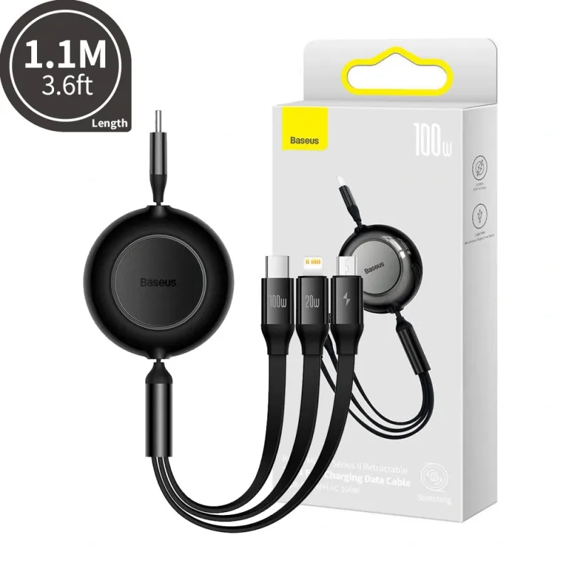 Baseus Bright Mirror 2 Series Retractable 3-in-1 Fast Charging Data Cable USB-C to Micro-USB & Lightning & USB-C 100W 1.1m