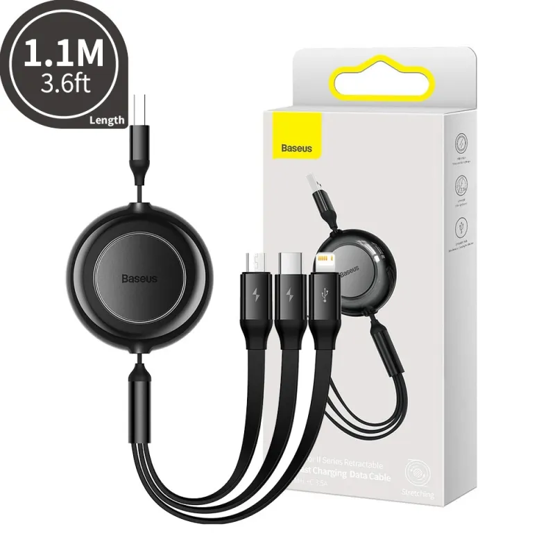 Baseus Bright Mirror 2 Series Retractable 3-in-1 Fast Charging Data Cable USB to Micro-USB & Lightning & USB-C 3.5A 1.1m