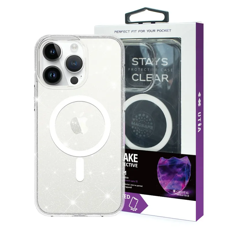 iPhone 15 Pro Max UTIA Ultimake Glitter Shockproof Transparent Case Cover With Magnetic Ring - Shiny Clear