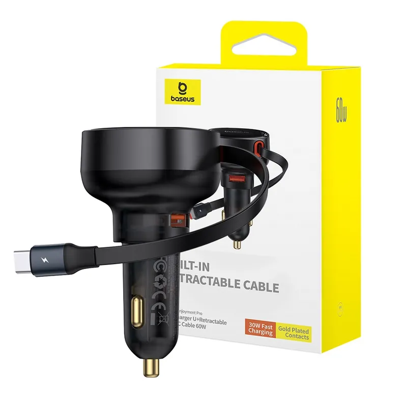 Baseus Enjoyment Pro Car Charger U+Retractable USB-C Cable 60W-Cluster