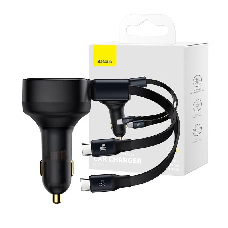 Baseus Enjoyment Retractable 2-in-1 Car Charger USB-C & USB-C 33W