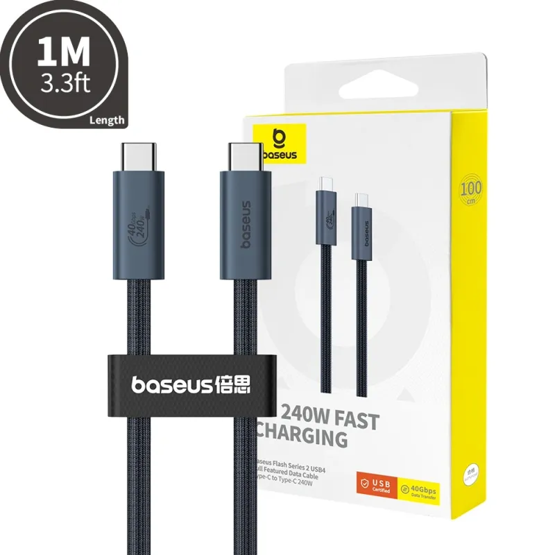 Baseus Flash Series 2 USB4 Full Featured Data Cable USB-C to USB-C 240W 1M-Cluster Black Compatible for iPhone 15 / 16 / 17 Series