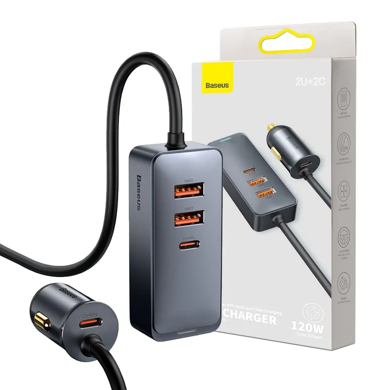 Baseus Share Together PPS Multi-port Fast Charging Car Charger with Extension Cord 120W 2U+2C