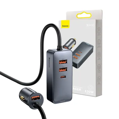 Baseus Share Together PPS Multi-port Fast Charging Car Charger with Extension Cord 120W 3U+1C