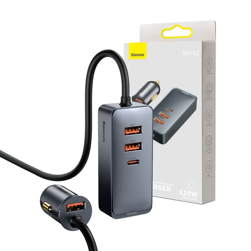 Baseus Share Together PPS Multi-port Fast Charging Car Charger with Extension Cord 120W 3U+1C